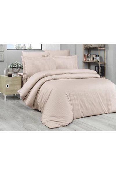 Firuze Cottonevs Beige Double Striped Cotton Satin Duvet Cover Set