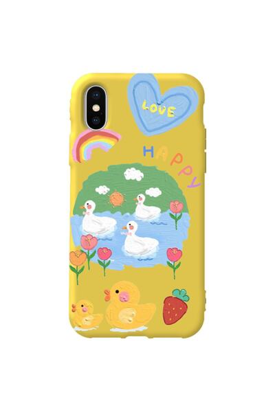 WANNA PROTECT Iphone Xs Max Sarı Renk Happy Içi Kadife Desenli Silikon Telefo...