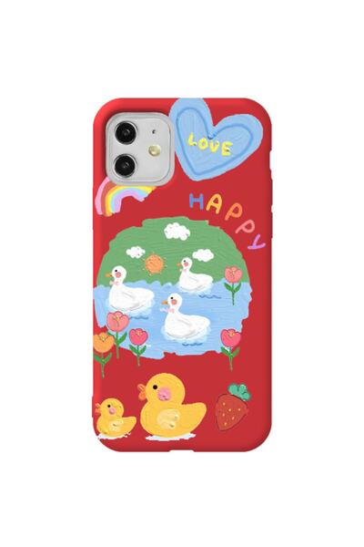 WANNA PROTECT Iphone 11 Kırmızı Renk Happy Içi Kadife Desenli Silikon Telefon...