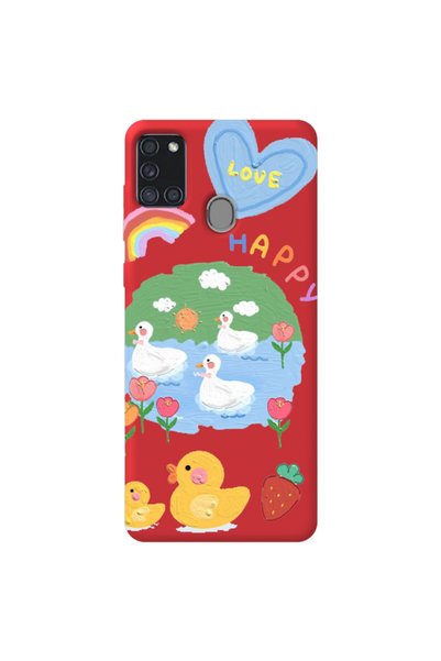 WANNA PROTECT Samsung A21 S Red Color Happy Velvet Patterned Silicone Phone Case