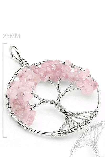 Tesbih Atölyesi Pink Rose and Quartz Stone Tree of Life Necklace - Certified