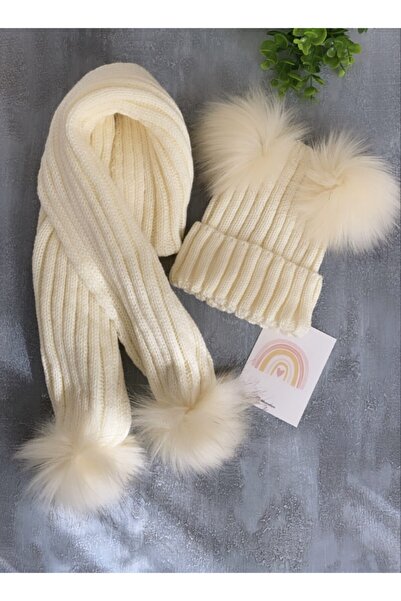 Selda Aksesuar Kız Bebek Fitilli Ekru Atkı Bere Set