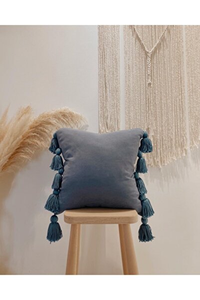 Hestia Home Hestia Home Kırlent Kılıfı Yastık Kılıfı Çok Püsküllü Keten Mavi ...