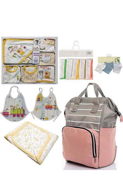 Sahra 7-Piece Birth Set - Baby Bag, 10-Piece Hospital Exit, 10-Piece Wipes, 3-Piece Socks, 2-Piece Apron and Blanket