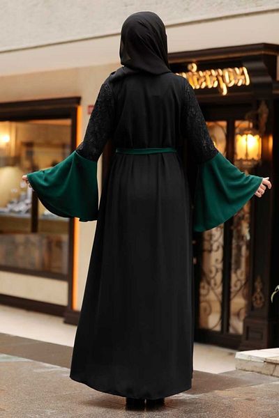 Neva Style - Green Hijab Abaya with Sleeves Detail 55510y