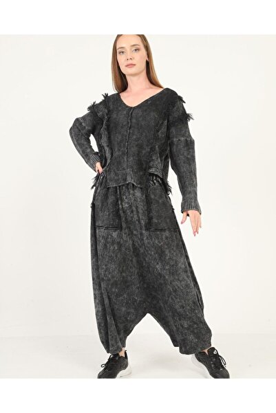 Sosyete Kaplumbağa طقم شالوار بوهيمي من القطن الأسود بجيب مزدوج قابل للغسل من التريكو الأصلي