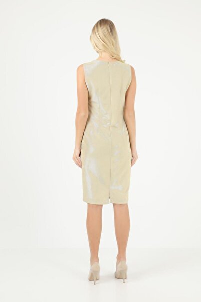 Ceylen Kayık Yaka Sıfır Kol Yarım Cup Midi Boy Kalem Elbise