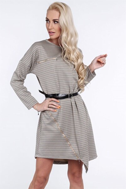 fasardi Fermuar Detaylı Asimetrik Mini Elbise