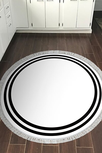 Alanur Home Eko Trend Djt Haı Yıkanabilir Kaymaz Taban 1696 Yuvarlak Bordürlü Beyaz Siyah