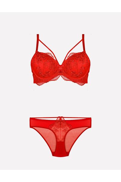 Nurteks Meba Women's Lace Detailed Unsupported Red Bra Set