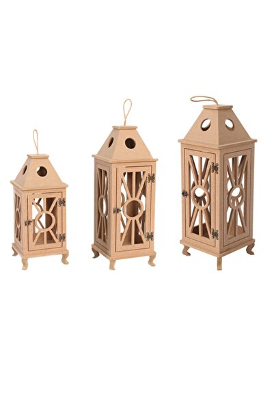 Genel Markalar Ahşap Mdf Boyanabilir Dekoratif Fener Şamdan Mumluk( 3' Lü Set )