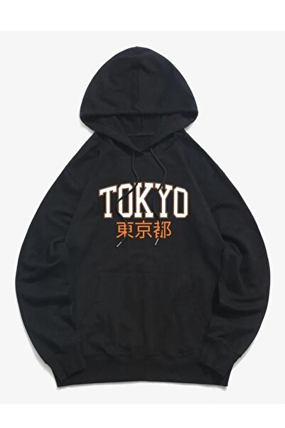 Deocept Hanorac negru oversize, unisex, imprimat Tokyo