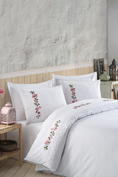 ÖDEL HOME White - Pink Lace Flower Embroidered Single Duvet Cover Set