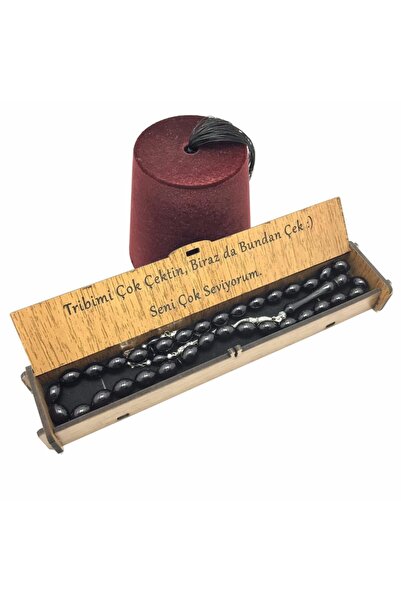 KANUNİ TESBİH مسبحة صلاة من العنبر الأسود مع صندوق خشبي مقطوع على شكل الشعير