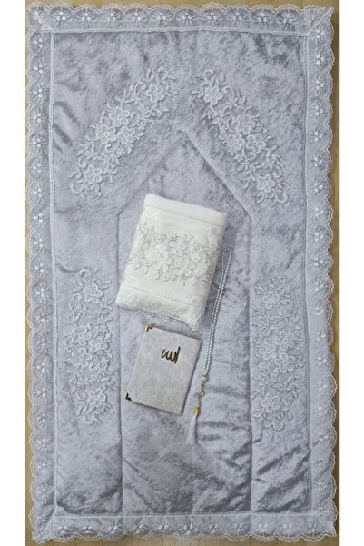Lamazihome 4 Parça Gri Papatya Lüks Kadife Seccade 70*120 Cm Tesbih Cüz Havlu