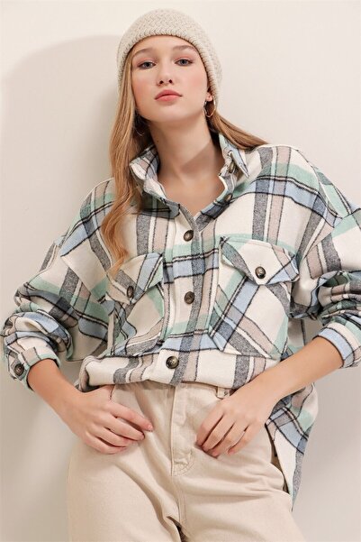 AQE FASHION Kadın Mint Ekoseli Cepli Gömlek