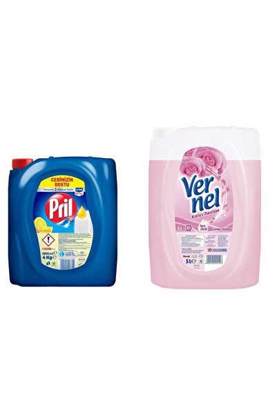 Pril Sıvı Bulaşık Deterjanı Limon 4 Kg + Vernel Çamaşır Yumuşatıcısı Gülün Büyüsü 50 Yıkama 5 Lt