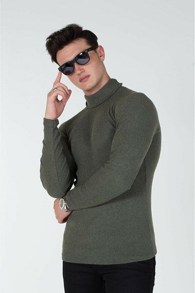 LUCKİER Мъжки пуловер с поло яка от ликра в цвят каки