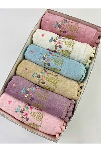 AYHANHOME Set of 6 Velvet Lattice Embroidered Pompoms 50x90 Boxed Velvet Hand and Face Towels