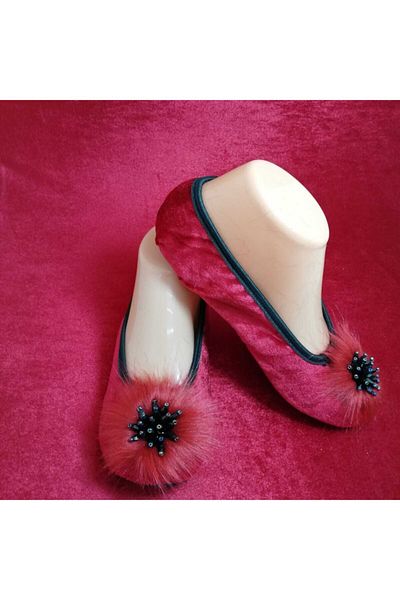Babet Merkezi Red Velvet Non-Slip Sole Booties Home Booties - Feather and Stone Detailed