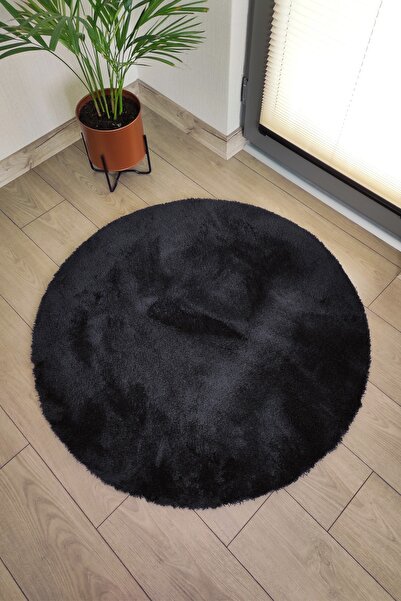 Lagom Life Yuvarlak Kalın Siyah Peluş Halı Yumuşak Kaymaz Taban