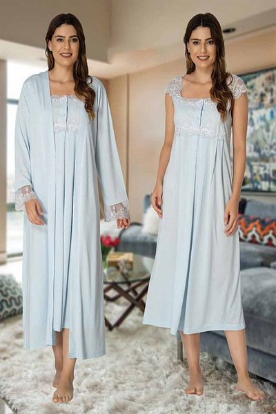 Effortt Blue Maternity Set with Lace Detailed Suspender Sleeve Nightgown and Dressing Gown