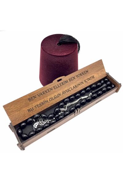KANUNİ TESBİH Arpa Kesim Ahşap Kutulu Siyah Toz Kehribar Tesbih