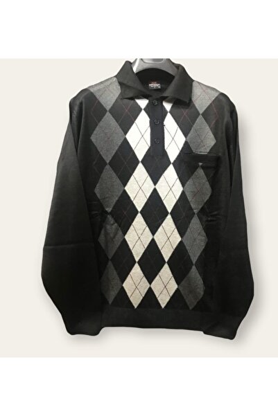 NACAR STORE Men's Patterned Polo Collar Fine Wool Knitwear Buttoned Dad Sweater