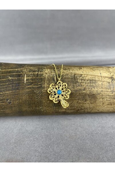 BEY SİLVER Telkari Turkuaz Taşlı Altın Kaplama Yonca Gümüş Kadın Kolye