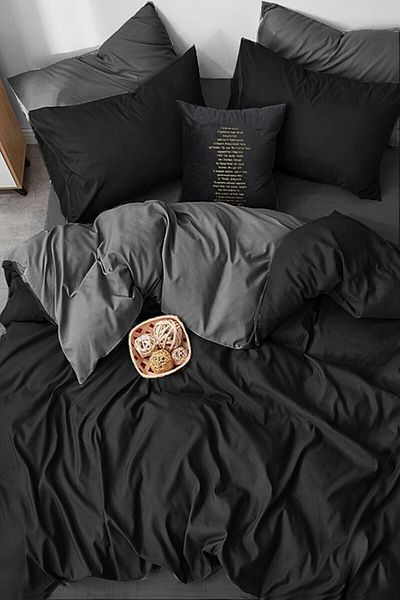 ALAMODE Cotton Single Duvet Cover Set Black - Black Ranforce -5068