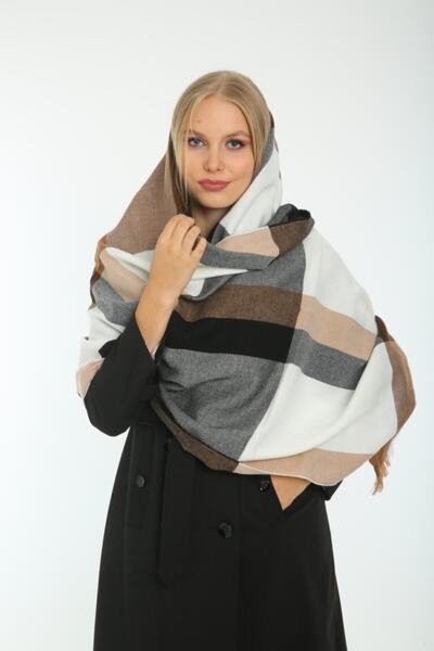 Luminos Butik Women's Ecru Square Patterned Scarf - Shawl 70X180 cm Sal1224