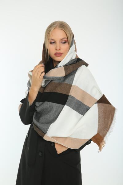 Luminos Butik Women's Ecru Square Patterned Scarf - Shawl 70X180 cm Sal1224