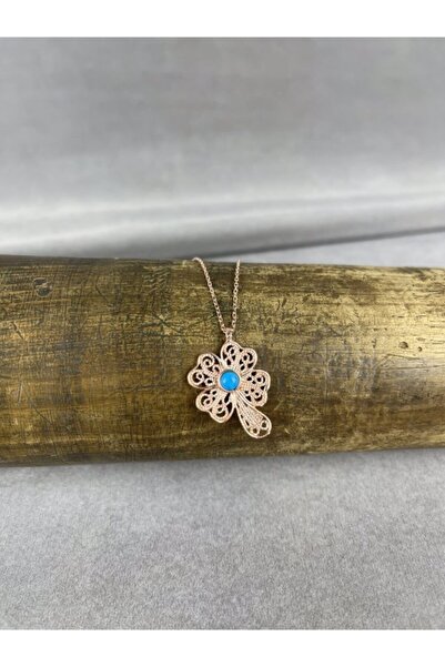 BEY SİLVER Telkari Turkuaz Taşlı Rose Kaplama Yonca Gümüş Kadın Kolye