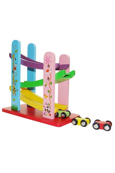 Mofy Baby Montessori Educational Wooden Toy 3 Way Colorful Slide Race Cars Highway Game