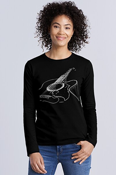 ROCKANDROLL Kadın Siyah Gitarımın Telleri Bisiklet Yaka Uzun Kollu Penye T-shirt