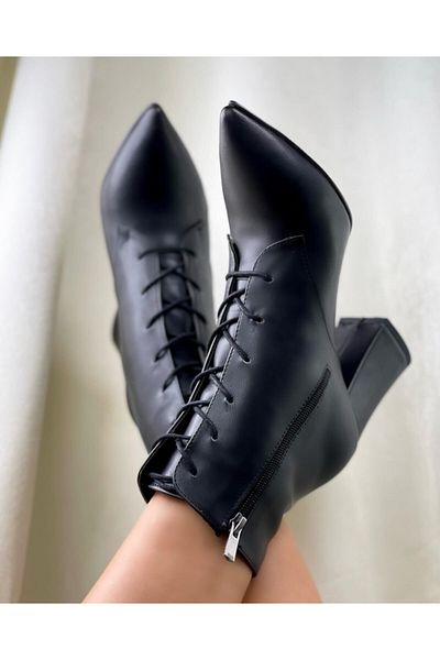 Afilli Cizme negre de damă cu toc gros Buti vârf ascuțit cu fermoar și șireturi, elegante, confortabile