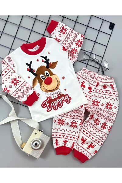 Süpermini Geyik Desenli Yılbaşı Temalı Unisex Çocuk Pijama Takımı 1-2-3-4-5-6-7-8-9 Yaş