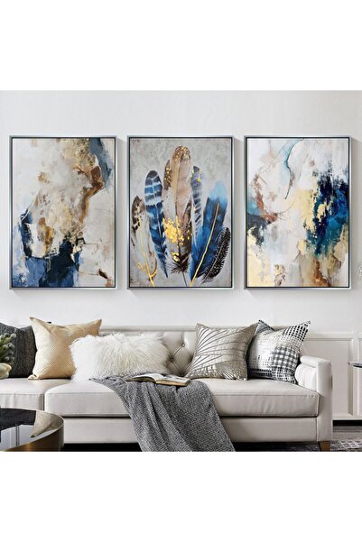 Markazip Gümüş Metal Çerçeveli 50x70cm Üçlü Soyut Mavi Soyut Tüyler Kanvas Ta...