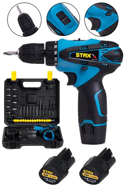 STAXX POWER American Type Şarjlı Matkap Vidalama Metal Şanzıman Çift Samsung Bataryalı 24 V 5 Ah + 24 Parça Set