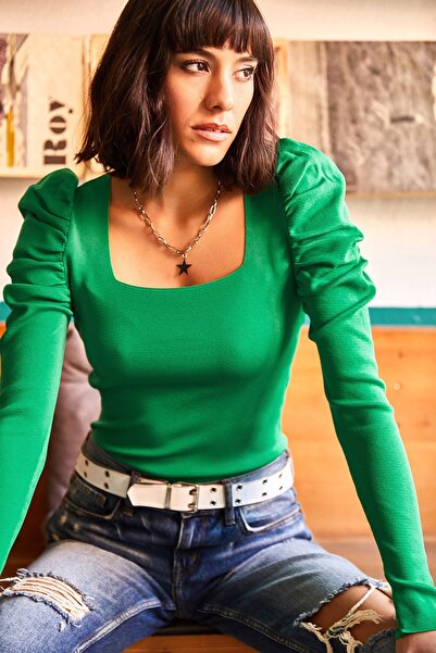 Olalook Dámská trávová zelená princezna s rukávem čtvercový límec pletená halenka BLZ-19001681