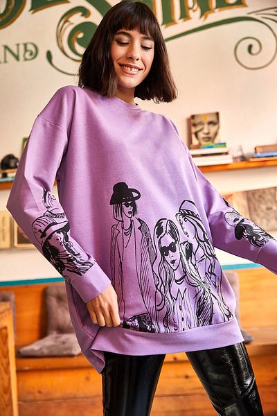 Olalook Női lila figurás oversize pulóver SWT-19000452