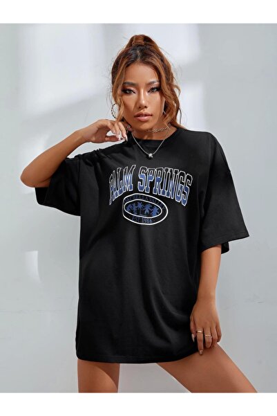 AFROGİYİM Ženska Oversize kroj crna majica Palm Springs Štampano