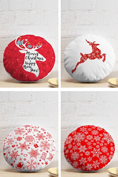Realhomes 4'lü Kırmızı Beyaz Yılbaşı Geyik Ve Kar Taneleri Yuvarlak Yastık Kı...