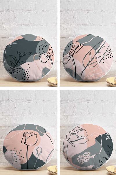 Realhomes 4'lü Pembe Zeminde Gül Ve Yaprak Desenli Yuvarlak Yastık Kırlent Kı...