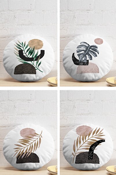 Realhomes 4'lü Beyaz Zeminde Gümüş Ve Gold Yaprak Tasarımlı Modern Yuvarlak Y...