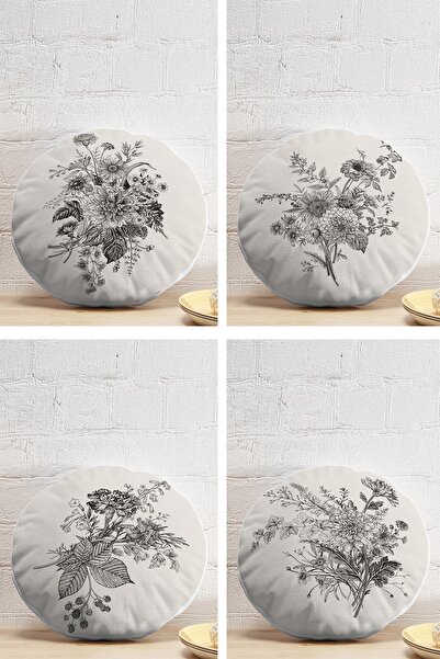 Realhomes 4'lü Renkli Zemin Üzerinde Yaprak Desenli Modern Yuvarlak Yastık Kı...