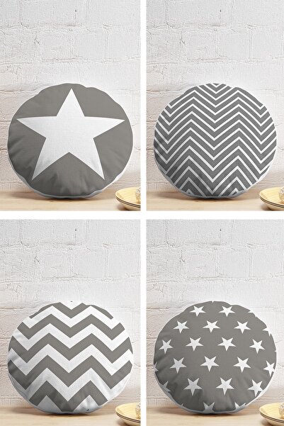 Realhomes 4-Piece Gray Zigzag and Star Motif Modern Round Pillow Throw Pillow...