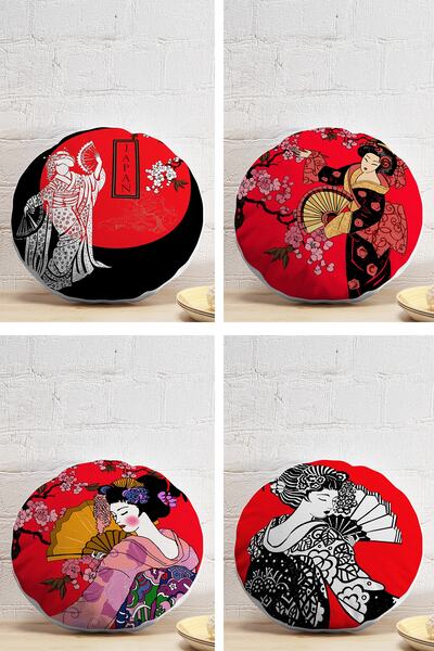 Realhomes 4-Piece Japanese Women Patterned Pillow Modern Round Pillow Throw P...