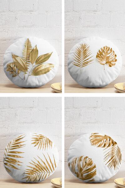 Realhomes 4'lü Altın Varaklı Yaprak Desenli Yuvarlak Yastık Kırlent Kılıf Seti