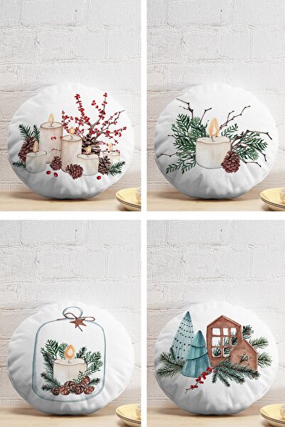 Realhomes 4'lü Özel Tasarım Mum Temalı Dijital Baskılı Modern Yuvarlak Yastık...